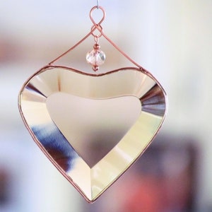 Peach Champagne Beveled Glass Heart Suncatcher Ornament with Beads and a Copper Line image 1