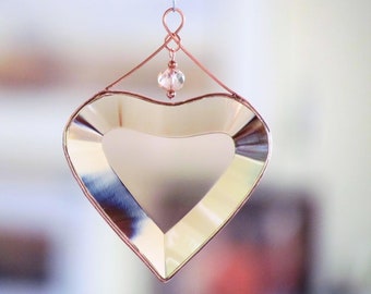 Peach Champagne Beveled Glass Heart Suncatcher Ornament with Beads and a Copper Line