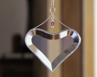 February Birthday Heart Suncatcher, Purple Amethyst Glass Crystal Accented Ornament, Gift Boxed,  Handmade in Canada