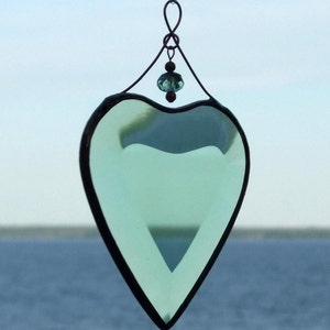 Green Beveled Stained Glass Heart Suncatcher with Beads and a Copper Line image 3