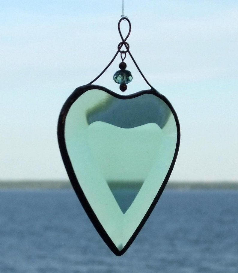 Green Beveled Stained Glass Heart Suncatcher with Beads and a Copper Line image 3