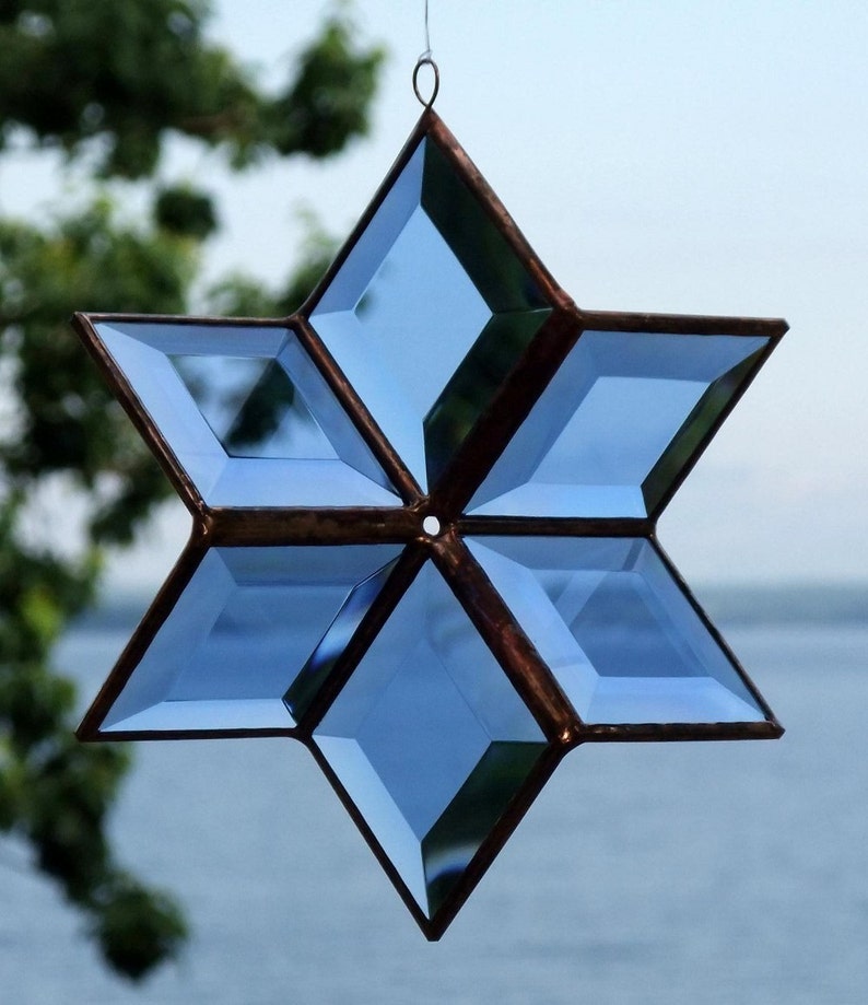 Stained Glass Geometric Star Suncatcher, Blue Crystal Glass Hanging Sculpture Ornament, Indoor Outdoor Garden Art, Handcrafted in Canada image 5