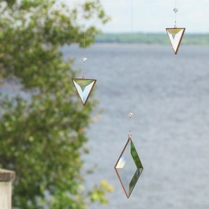 Hanging Mobile Geometric Glass Crystal and Copper Mobile of Triangles and Diamond