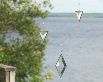 Hanging Mobile Geometric Glass Crystal and Copper Mobile of Triangles and Diamond