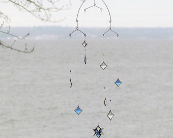 Kinetic Art Mobile - Sparkling, Bright All Stars - Blue and Clear Glass Crystal with Copper Colors - Handcrafted in Canada