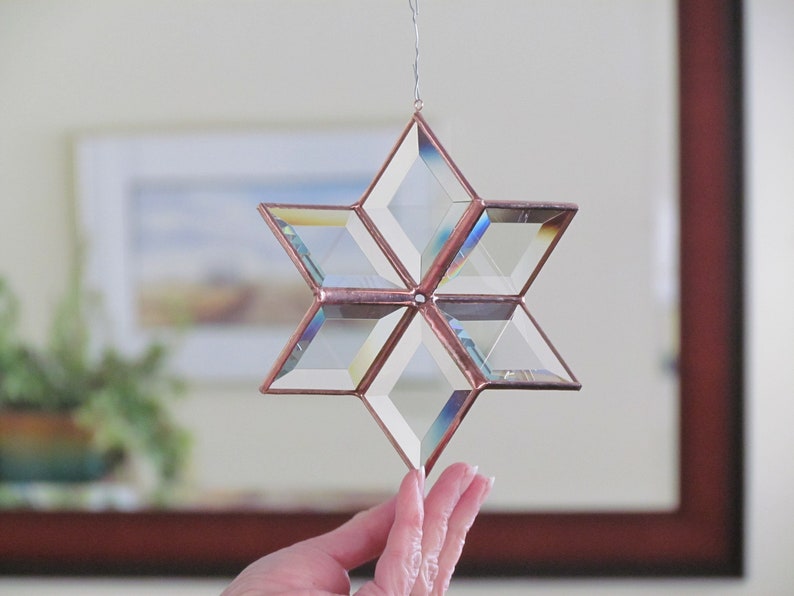 Morphing Star Suncatcher, 3D Clear and Copper Toned Beveled Stained Glass Ornament, Indoor Outdoor Garden Art, Handcrafted in Canada image 7