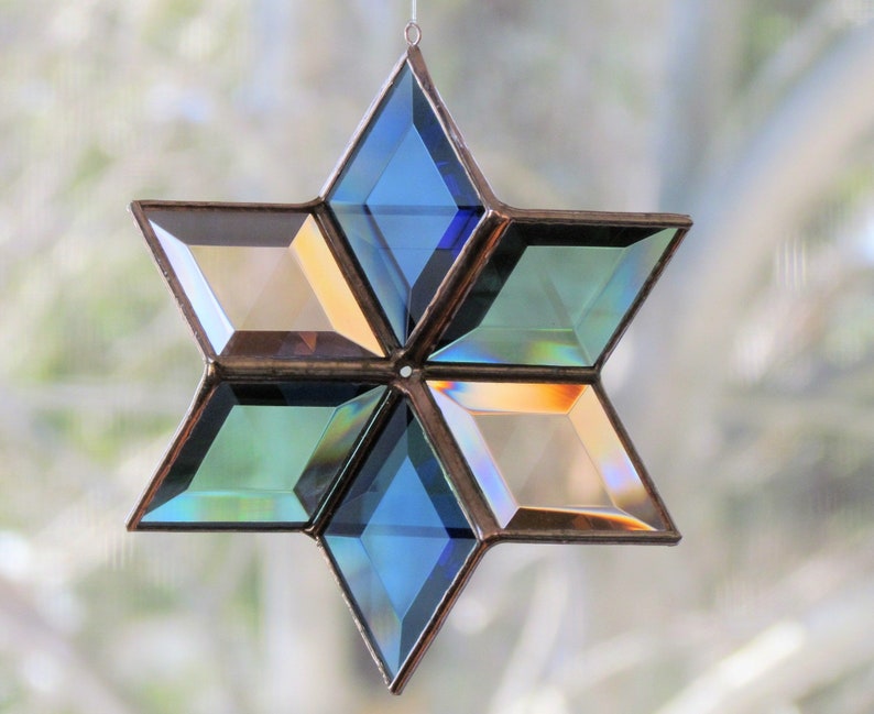Stained Glass Star Suncatcher Geometric Blue Green Peach Etsy