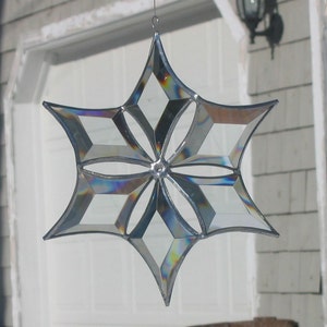 3D Stained Glass Snowflake Suncatcher, Clear and Silver Beveled Glass Hanging Ornament, Indoor Outdoor Sculptural Glass Art, Made in Canada image 5