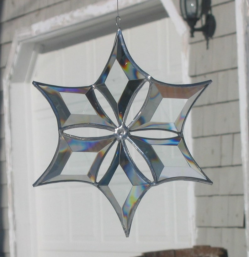 3D Stained Glass Snowflake Suncatcher, Clear and Silver Beveled Glass Hanging Ornament, Indoor Outdoor Sculptural Glass Art, Made in Canada image 5