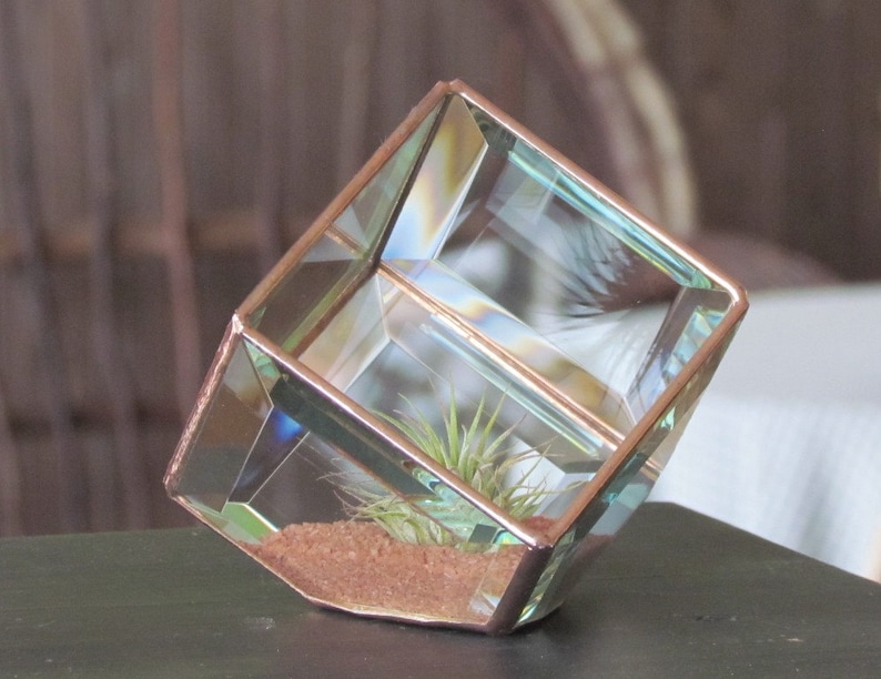 Geometric Air Plant Holder Stained Glass Terrarium Asymmetrical Glass Cubed Box Vase Clear Copper Colors Handmade in Canada image 4