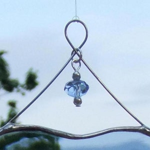 Blue Beveled Glass Heart Ornament with Beads and Siver Lines Romantic Stained Glass Gift Idea Handmade in Canada image 2