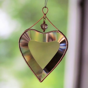 Peach Champagne Beveled Glass Heart Suncatcher Ornament with Beads and a Copper Line image 4