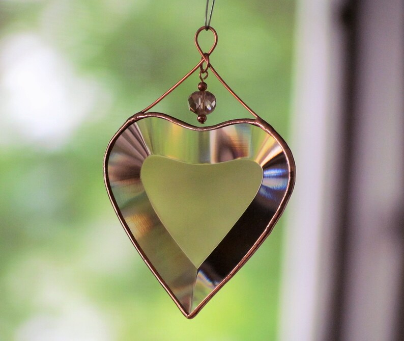 Peach Champagne Beveled Glass Heart Suncatcher Ornament with Beads and a Copper Line image 4