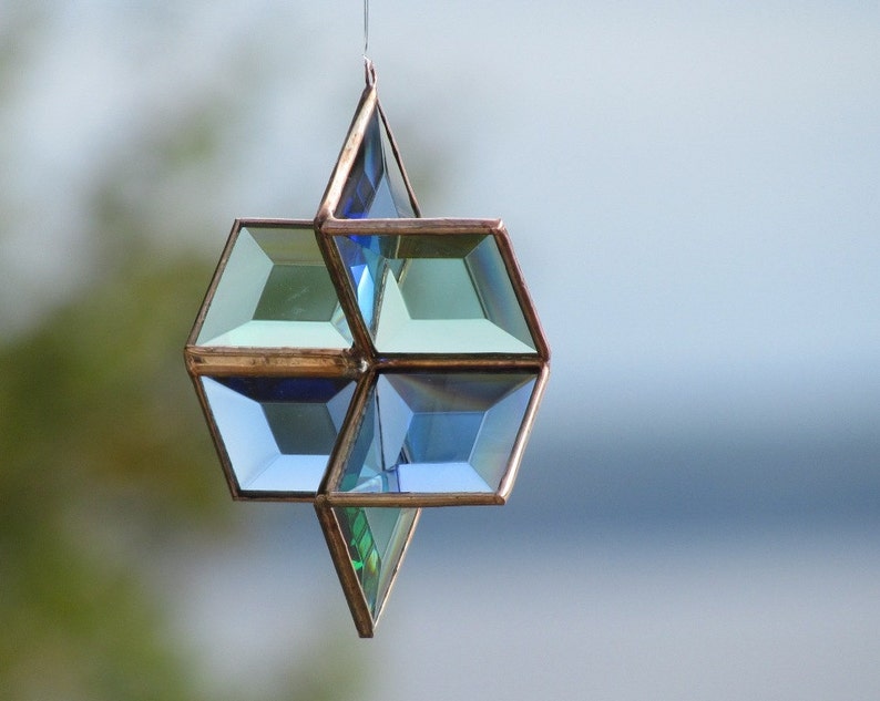 3D Stained Glass Star Blue Green Copper Suncatcher Handcrafted in Canada zdjęcie 3