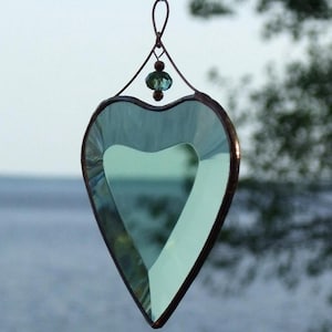 Green Beveled Stained Glass Heart Suncatcher with Beads and a Copper Line image 1