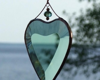 Green Beveled Stained Glass Heart Suncatcher with Beads and a Copper Line