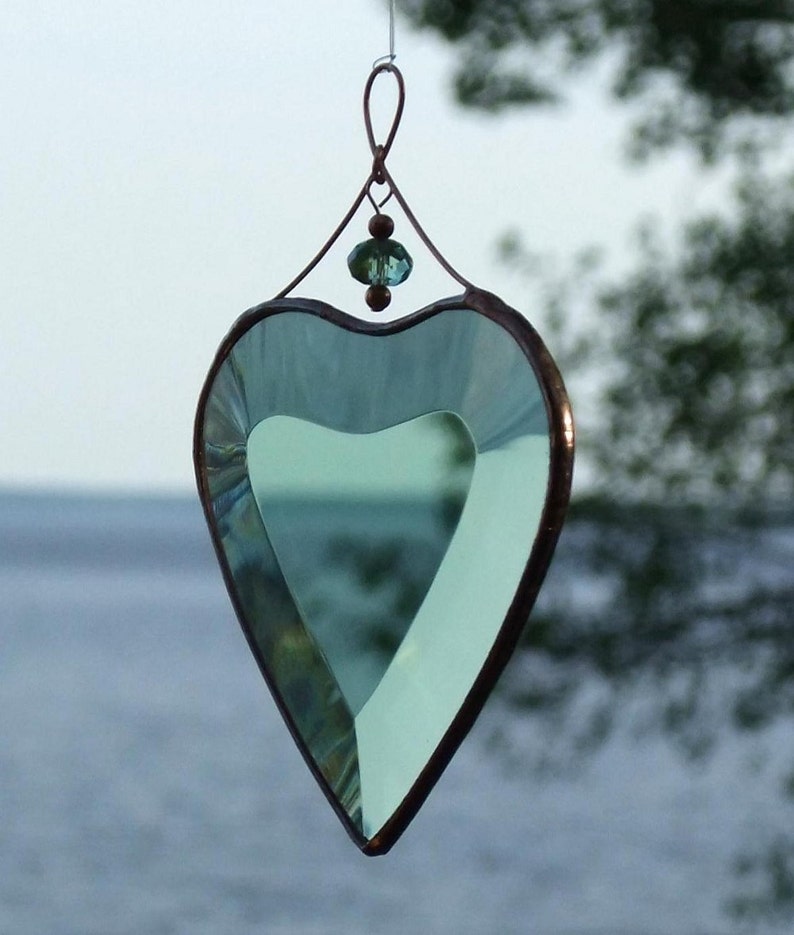 Green Beveled Stained Glass Heart Suncatcher with Beads and a Copper Line image 1