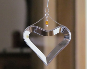 November Birthday Suncatcher, Yellow Topaz Crystal Accented Hanging Stained Glass Heart Window Orrnament, Gift Boxed, Handmade in Canada
