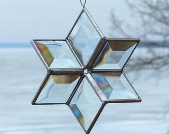 Clear Beveled Stained Glass Star Suncatcher - 3D Six Point Hanging Star Ornament - Indoor Outdoor Crystal Garden Art - Handcrafted in Canada