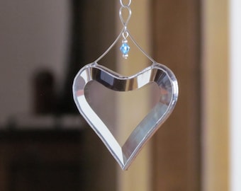 March Birthday Suncatcher,  Aquamarine Blue Crystal Accented Beveled Glass Heart Ornament, Gift Boxed, Handmade in Canada