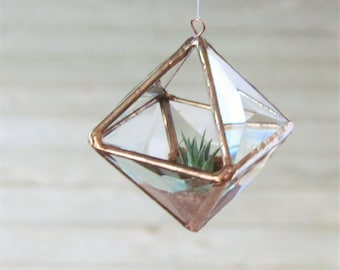 Mini Geometric Air Plant Holder Stained Glass Hanging Terrarium Clear and Copper Colored Beveled Glass Triangles Pyramid Planter Glass Vase