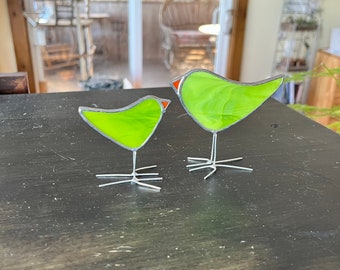 Stained Glass Bird Suncatchers - Apple Green Folk Art Ornaments - Unique Happy Fun Mothers Day Gift Idea - Set of Two - Handmade in Canada