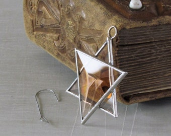 Peach Beveled Stained Glass Six-Point Star Ornament, Hanging Geometric Star of David Suncatcher, Holiday Decor, Gift Idea, Made in Canada