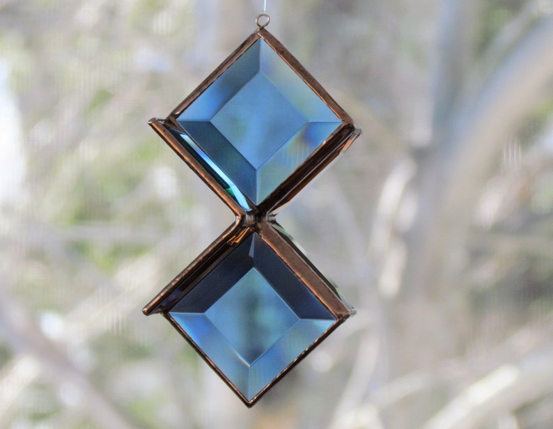 Stained Glass Star Suncatcher Geometric Blue Green Peach Copper Color Indoor Outdoor Garden Art Hanging Sculpture Handmade in Canada image 3