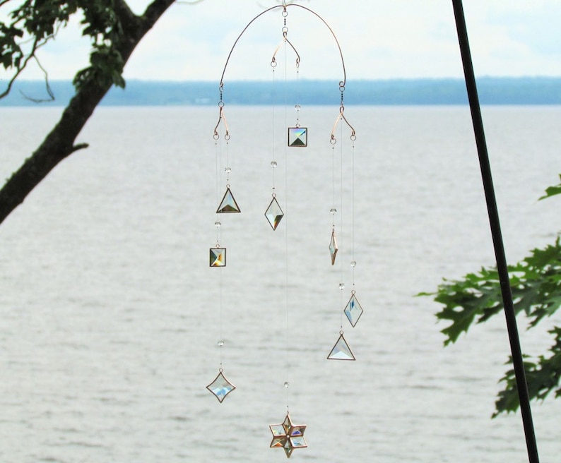 Hanging Geometric Mobile Glass Crystal Copper Handmade Stained Glass Art Mobile image 2