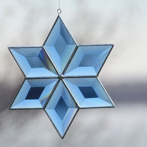 Blue Beveled Stained Glass Six-Pointed Star  Suncatcher.