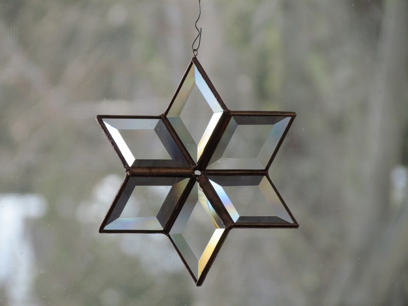 Morphing Star Suncatcher, 3D Clear and Copper Toned Beveled Stained Glass Ornament, Indoor Outdoor Garden Art, Handcrafted in Canada image 9