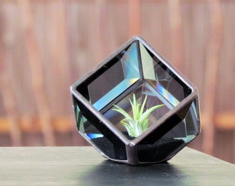 Geometric Air Plant Holder Stained Glass Terrarium Asymmetrical Smoky Gray Grey Black Color Cubed Box Vase Neutral Decor Handmade in Canada