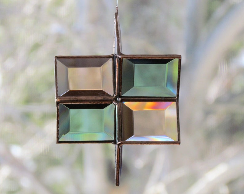 Stained Glass Star Suncatcher Geometric Blue Green Peach Copper Color Indoor Outdoor Garden Art Hanging Sculpture Handmade in Canada image 4