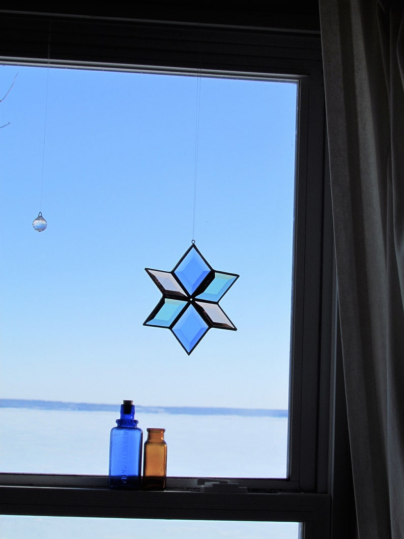 Stained Glass Star Suncatcher Geometric Blue Green Peach Copper Color Indoor Outdoor Garden Art Hanging Sculpture Handmade in Canada image 8
