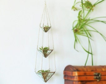 Air Plant Holder Mini 3 Tiered Faceted Clear Stained Glass Hanging Terrarium