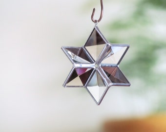 3D Beveled Glass Star Ornament - Clear and Brown Stained Glass Star Suncatcher - Handmade in Canada