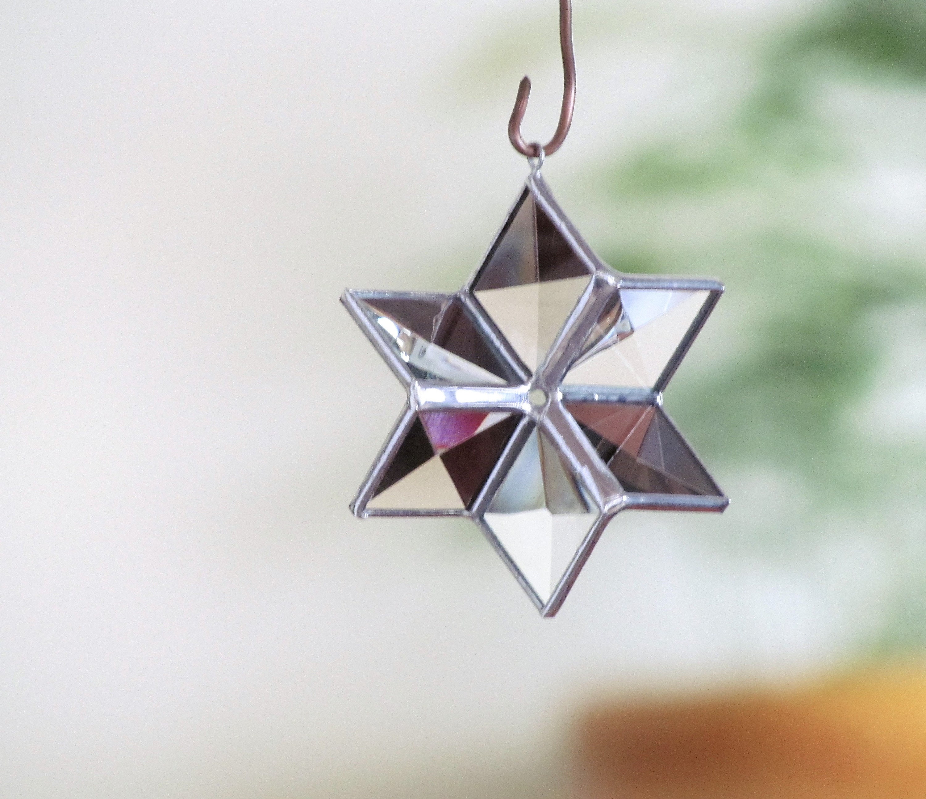 3D Beveled Glass Star Ornament - Clear and Brown Stained Glass Star Suncatcher - Handmade in Canada