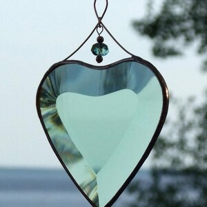 Green Beveled Stained Glass Heart Suncatcher with Beads and a Copper Line image 5