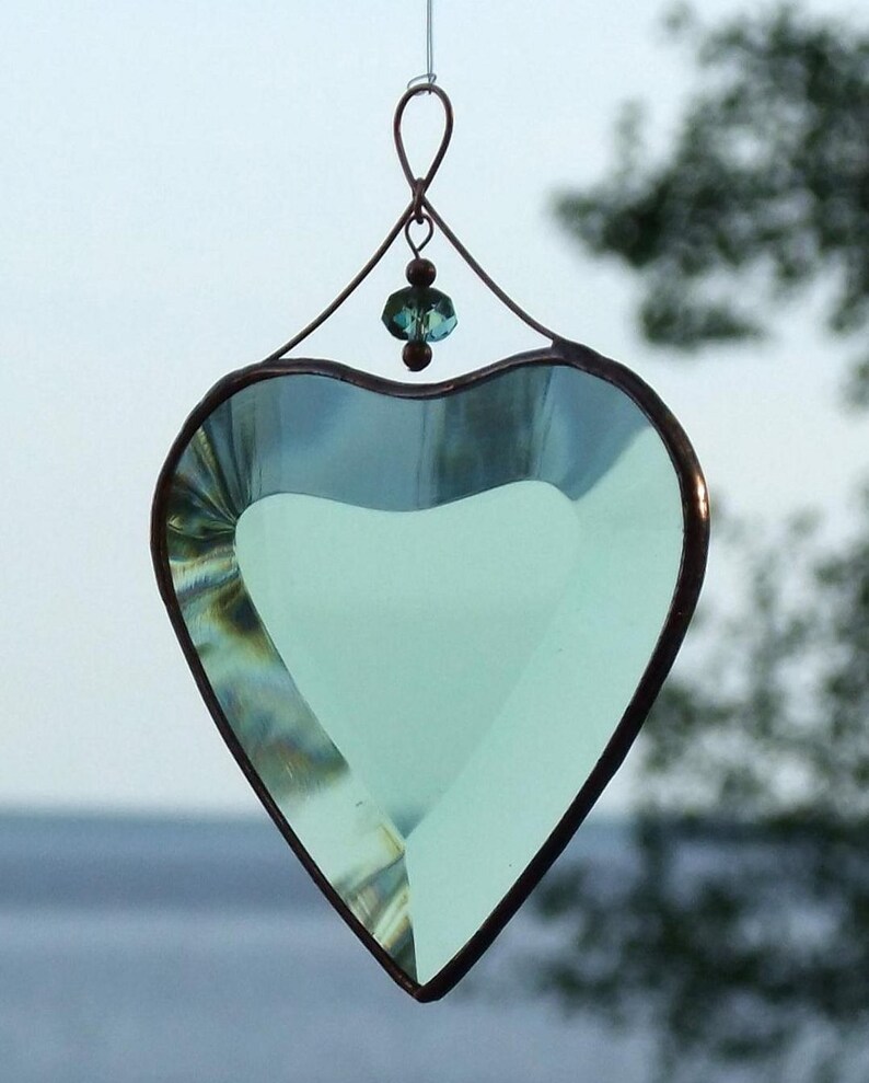 Green Beveled Stained Glass Heart Suncatcher with Beads and a Copper Line image 5