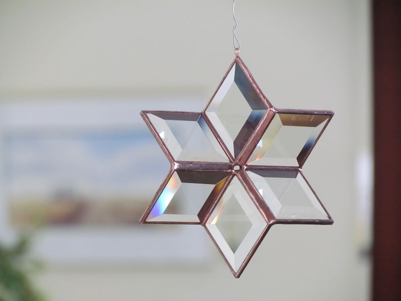 Morphing Star Suncatcher, 3D Clear and Copper Toned Beveled Stained Glass Ornament, Indoor Outdoor Garden Art, Handcrafted in Canada image 10
