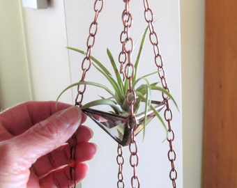 3 Tiered Air Plant Holder - Faceted Stained Glass Hanging Terrarium - Clear Copper Vertical Garden - Handmade in Canada by SNL Creations