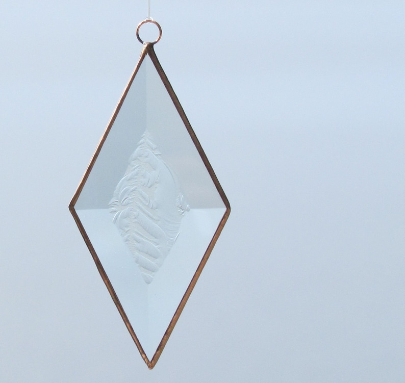 Clear and Copper Frosty Diamond Shaped Beveled Stained Glass Suncatcher Ornament Made in Canada image 2