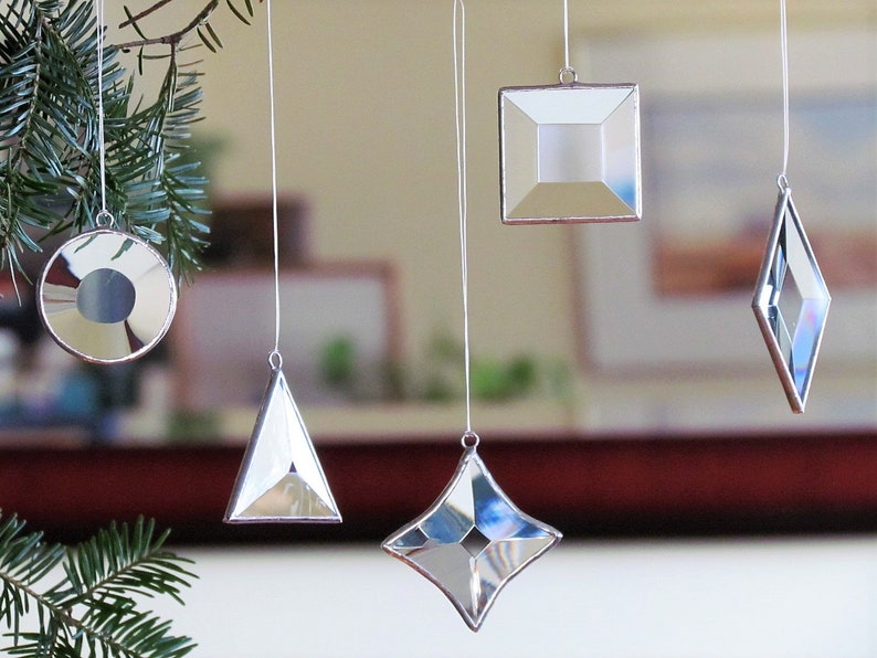 Stained Glass Christmas Ornaments: Geometric Suncatchers, Set of Five