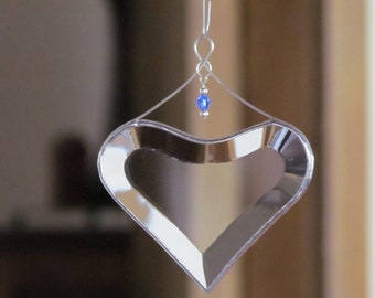 September Birthday Suncatcher, Blue Sapphire Crystal Accented Hanging Stained Glass Heart Window Orrnament, Gift Boxed, Handmade in Canada