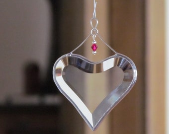 July Birthday Suncatcher, Ruby Red Crystal Accented Hanging Heart Window Ornament, Gift Boxed, Handmade in Canada