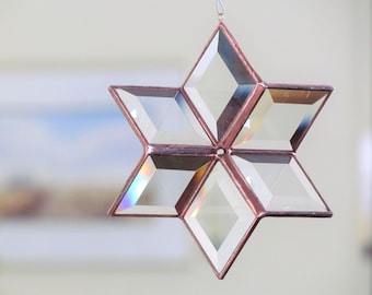 Morphing Star Suncatcher, 3D Clear and Copper Toned Beveled Stained Glass Ornament, Indoor Outdoor Garden Art, Handcrafted in Canada