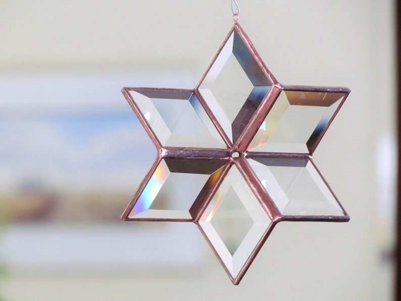 Morphing Star Suncatcher, 3D Clear and Copper Toned Beveled Stained Glass Ornament, Indoor Outdoor Garden Art, Handcrafted in Canada image 1
