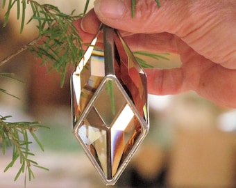 Christmas Tree Ornament - Glass Crystal Chevron Prism - 3D Peach Champagne Beveled Stained Glass Suncatcher - Handmade in Canada