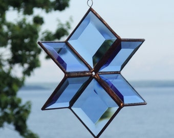 Stained Glass Geometric Star Suncatcher, Blue Crystal Glass Hanging Sculpture Ornament, Indoor Outdoor Garden Art, Handcrafted in Canada