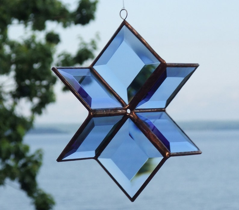 Stained Glass Geometric Star Suncatcher, Blue Crystal Glass Hanging Sculpture Ornament, Indoor Outdoor Garden Art, Handcrafted in Canada image 1